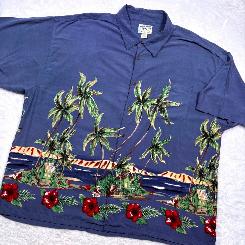 VTG 90s Big Dogs Hawaiian Button Shirt Men 4X Blue Tropical Palm Tree Beachside